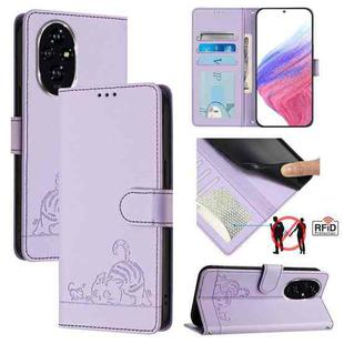 For Honor 200 Pro Cat Rat Embossed Pattern RFID Leather Phone Case with Lanyard(Purple)