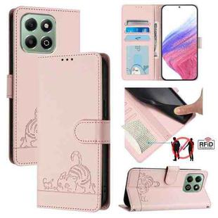 For Honor X6b Cat Rat Embossed Pattern RFID Leather Phone Case with Lanyard(Pink)