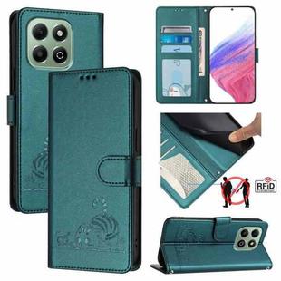 For Honor X6b Cat Rat Embossed Pattern RFID Leather Phone Case with Lanyard(Peacock Green)