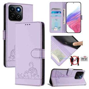 For Honor 200 Smart 5G Global Cat Rat Embossed Pattern RFID Leather Phone Case with Lanyard(Purple)