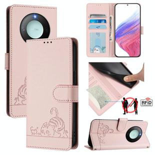 For Honor X9c Smart 5G Global Cat Rat Embossed Pattern RFID Leather Phone Case with Lanyard(Pink)