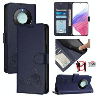 For Honor X9c Smart 5G Global Cat Rat Embossed Pattern RFID Leather Phone Case with Lanyard(Blue)