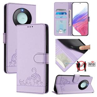 For Honor X9c Smart 5G Global Cat Rat Embossed Pattern RFID Leather Phone Case with Lanyard(Purple)