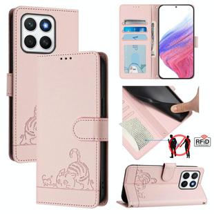 For Honor X8c 4G Global Cat Rat Embossed Pattern RFID Leather Phone Case with Lanyard(Pink)