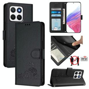 For Honor X8c 4G Global Cat Rat Embossed Pattern RFID Leather Phone Case with Lanyard(Black)