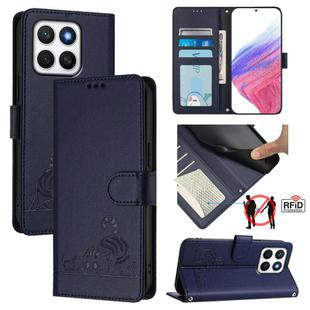For Honor X8c 4G Global Cat Rat Embossed Pattern RFID Leather Phone Case with Lanyard(Blue)