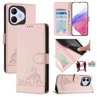 For Honor 400 Lite Cat Rat Embossed Pattern RFID Leather Phone Case with Lanyard(Pink)