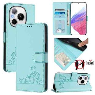 For Honor Power 5G Cat Rat Embossed Pattern RFID Leather Phone Case with Lanyard(Mint Green)