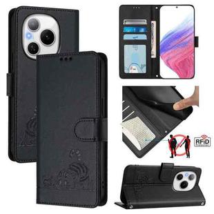For Honor Power 5G Cat Rat Embossed Pattern RFID Leather Phone Case with Lanyard(Black)