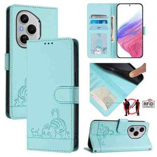 For Honor 400 Pro 5G Global Cat Rat Embossed Pattern RFID Leather Phone Case with Lanyard(Mint Green)