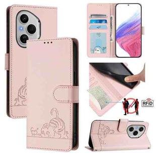 For Honor 400 Pro 5G Global Cat Rat Embossed Pattern RFID Leather Phone Case with Lanyard(Pink)
