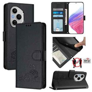 For Honor 400 Pro 5G Global Cat Rat Embossed Pattern RFID Leather Phone Case with Lanyard(Black)