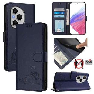 For Honor 400 Pro 5G Global Cat Rat Embossed Pattern RFID Leather Phone Case with Lanyard(Blue)