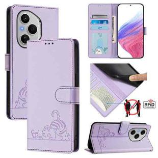 For Honor 400 Pro 5G Global Cat Rat Embossed Pattern RFID Leather Phone Case with Lanyard(Purple)