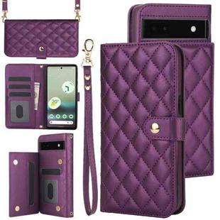 For Google Pixel 6a Crossbody Multifunction Rhombic Leather Phone Case(Dark Purple)