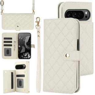 For Google Pixel 9 Crossbody Multifunction Rhombic Leather Phone Case(White)