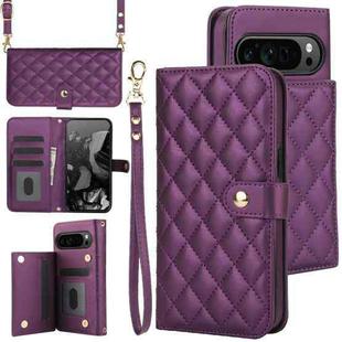 For Google Pixel 9 Crossbody Multifunction Rhombic Leather Phone Case(Dark Purple)