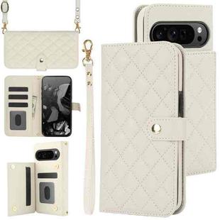 For Google Pixel 9 Pro XL Crossbody Multifunction Rhombic Leather Phone Case(White)