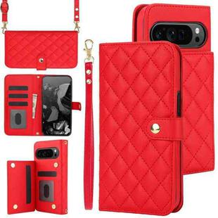 For Google Pixel 9 Pro XL Crossbody Multifunction Rhombic Leather Phone Case(Red)