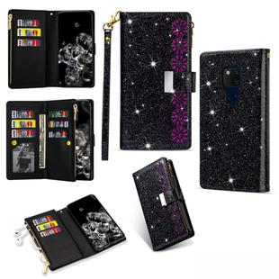 For Huawei Mate 20 Multi-card Slots Starry Sky Laser Carving Glitter Zipper Horizontal Flip Leather Case with Holder & Wallet & Lanyard(Black)