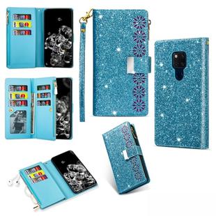 For Huawei Mate 20 Multi-card Slots Starry Sky Laser Carving Glitter Zipper Horizontal Flip Leather Case with Holder & Wallet & Lanyard(Sky Blue)