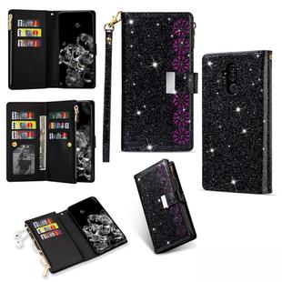 For Huawei Mate 20 lite Multi-card Slots Starry Sky Laser Carving Glitter Zipper Horizontal Flip Leather Case with Holder & Wallet & Lanyard(Black)