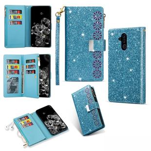 For Huawei Mate 20 lite Multi-card Slots Starry Sky Laser Carving Glitter Zipper Horizontal Flip Leather Case with Holder & Wallet & Lanyard(Sky Blue)