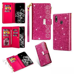 For Huawei P20 lite Multi-card Slots Starry Sky Laser Carving Glitter Zipper Horizontal Flip Leather Case with Holder & Wallet & Lanyard(Rose Red)