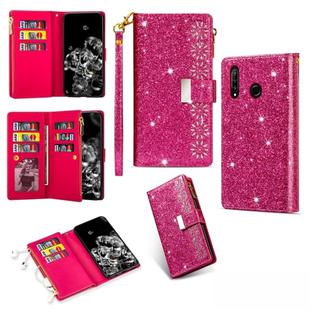 For Huawei P30 lite Multi-card Slots Starry Sky Laser Carving Glitter Zipper Horizontal Flip Leather Case with Holder & Wallet & Lanyard(Rose Red)