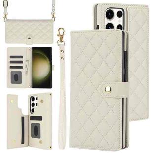 For Samsung Galaxy S23 Ultra 5G Crossbody Multifunction Rhombic Leather Phone Case(White)