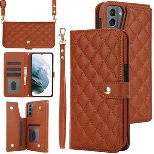 For Samsung Galaxy S22+ 5G Crossbody Multifunction Rhombic Leather Phone Case(Brown)