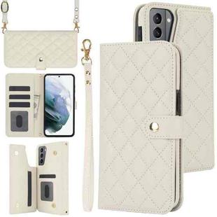 For Samsung Galaxy S22 5G Crossbody Multifunction Rhombic Leather Phone Case(White)
