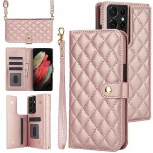 For Samsung Galaxy S21 Ultra 5G Crossbody Multifunction Rhombic Leather Phone Case(Rose Gold)