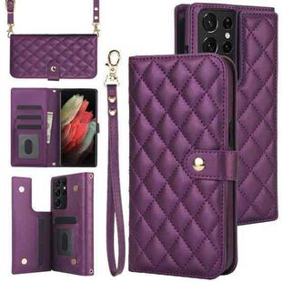 For Samsung Galaxy S21 Ultra 5G Crossbody Multifunction Rhombic Leather Phone Case(Dark Purple)