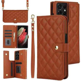 For Samsung Galaxy S21 Ultra 5G Crossbody Multifunction Rhombic Leather Phone Case(Brown)