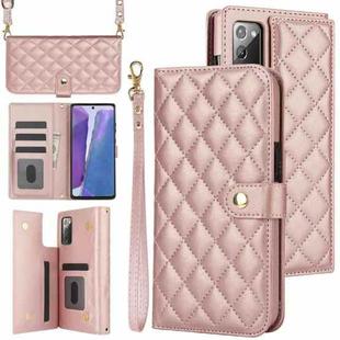 For Samsung Galaxy Note20 Crossbody Multifunction Rhombic Leather Phone Case(Rose Gold)