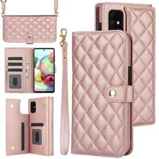 For Samsung Galaxy A71 4G Crossbody Multifunction Rhombic Leather Phone Case(Rose Gold)