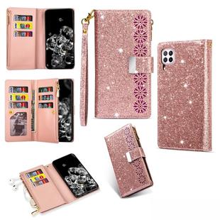 For Huawei P40 lite Multi-card Slots Starry Sky Laser Carving Glitter Zipper Horizontal Flip Leather Case with Holder & Wallet & Lanyard(Rose Gold)