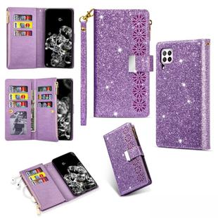 For Huawei P40 lite Multi-card Slots Starry Sky Laser Carving Glitter Zipper Horizontal Flip Leather Case with Holder & Wallet & Lanyard(Purple)