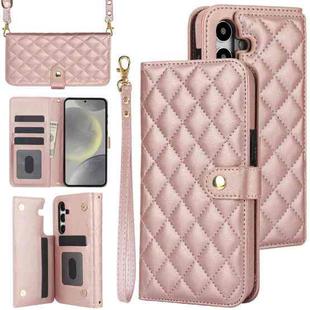 For Samsung Galaxy A14 4G/5G Crossbody Multifunction Rhombic Leather Phone Case(Rose Gold)