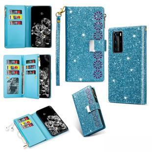 For Huawei P40 Multi-card Slots Starry Sky Laser Carving Glitter Zipper Horizontal Flip Leather Case with Holder & Wallet & Lanyard(Sky Blue)