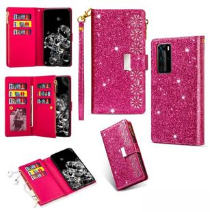 For Huawei P40 Multi-card Slots Starry Sky Laser Carving Glitter Zipper Horizontal Flip Leather Case with Holder & Wallet & Lanyard(Rose Red)