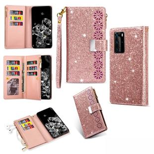 For Huawei P40 Multi-card Slots Starry Sky Laser Carving Glitter Zipper Horizontal Flip Leather Case with Holder & Wallet & Lanyard(Rose Gold)