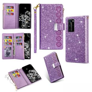 For Huawei P40 Multi-card Slots Starry Sky Laser Carving Glitter Zipper Horizontal Flip Leather Case with Holder & Wallet & Lanyard(Purple)