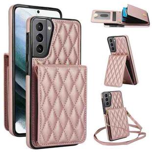 For Samsung Galaxy S21+ 5G YM015 Crossbody Rhombic Card Bag RFID Phone Case(Rose Gold)
