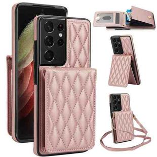 For Samsung Galaxy S21 Ultra 5G YM015 Crossbody Rhombic Card Bag RFID Phone Case(Rose Gold)