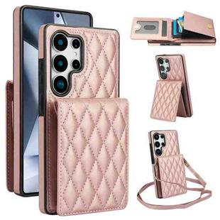 For Samsung Galaxy S25 Ultra 5G YM015 Crossbody Rhombic Card Bag RFID Phone Case(Rose Gold)