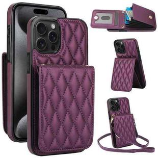 For iPhone 15 Pro YM015 Crossbody Rhombic Card Bag RFID Phone Case(Dark Purple)