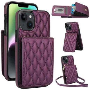 For iPhone 14 Plus YM015 Crossbody Rhombic Card Bag RFID Phone Case(Dark Purple)