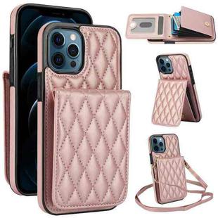 For iPhone 12 Pro Max YM015 Crossbody Rhombic Card Bag RFID Phone Case(Rose Gold)